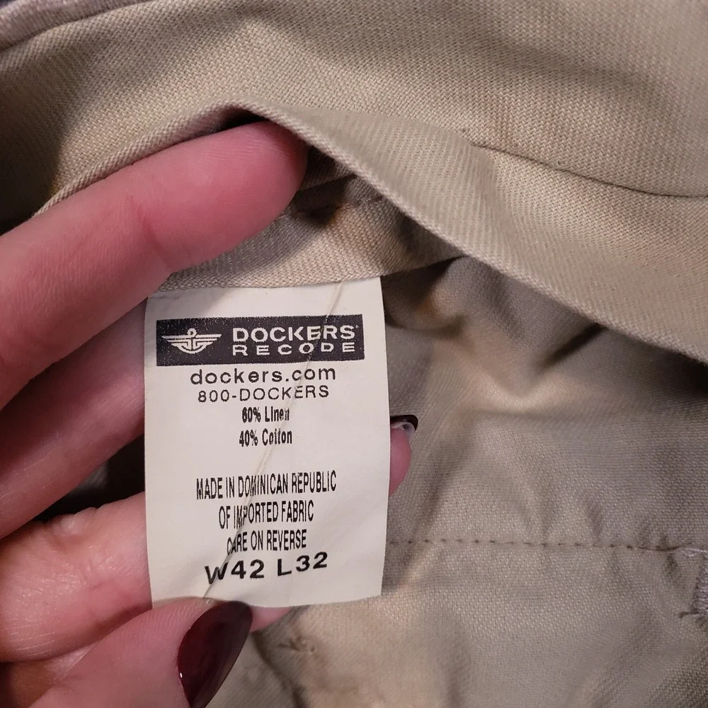 Dockers Recode Trousers Mens W42 L32 Beige Linen Cotton Pleated Cuffed Pants